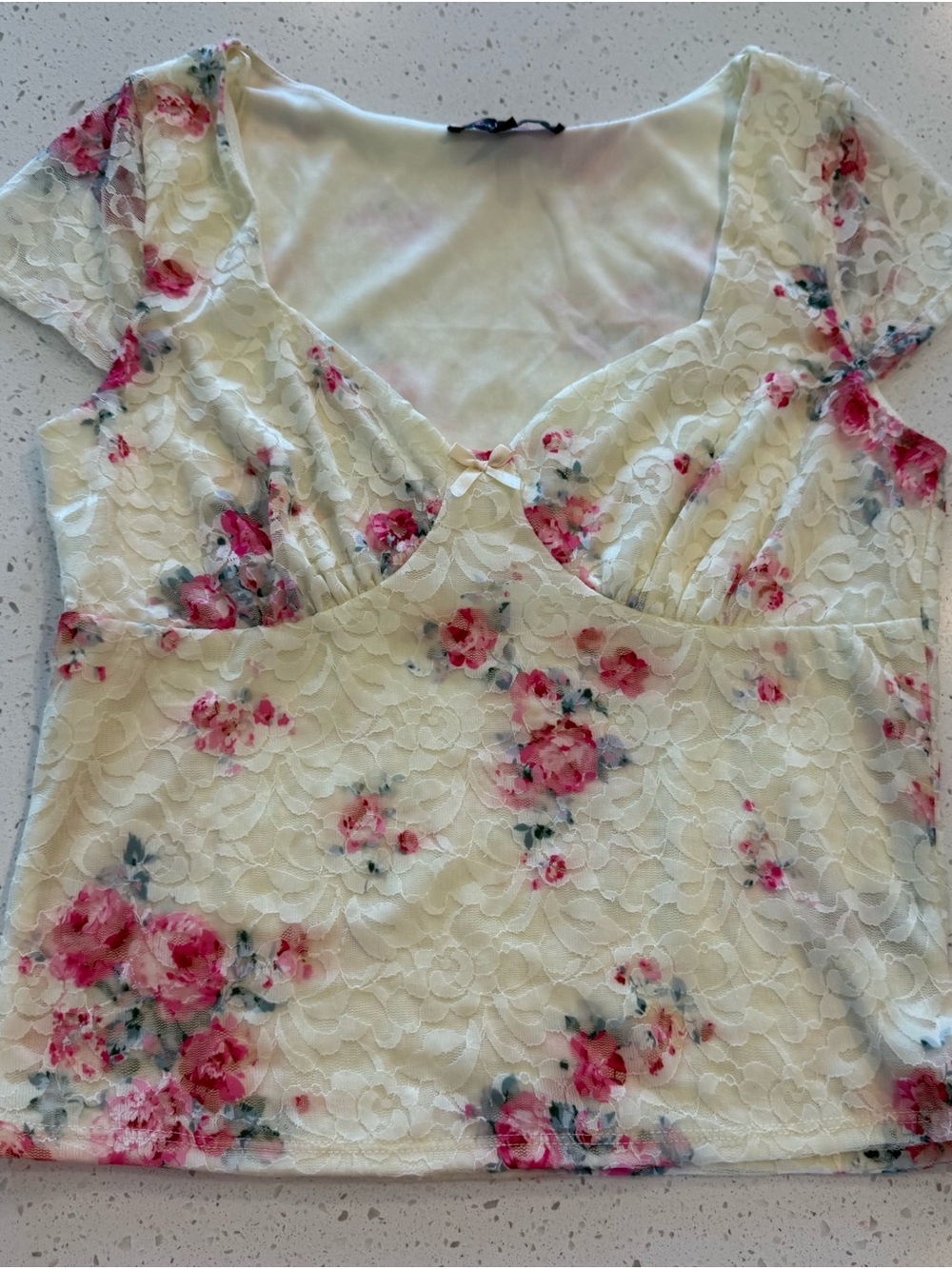 XL Floral Lace Mixed Threads Short Sleeve Top Blouse X Large Stretch Spandex